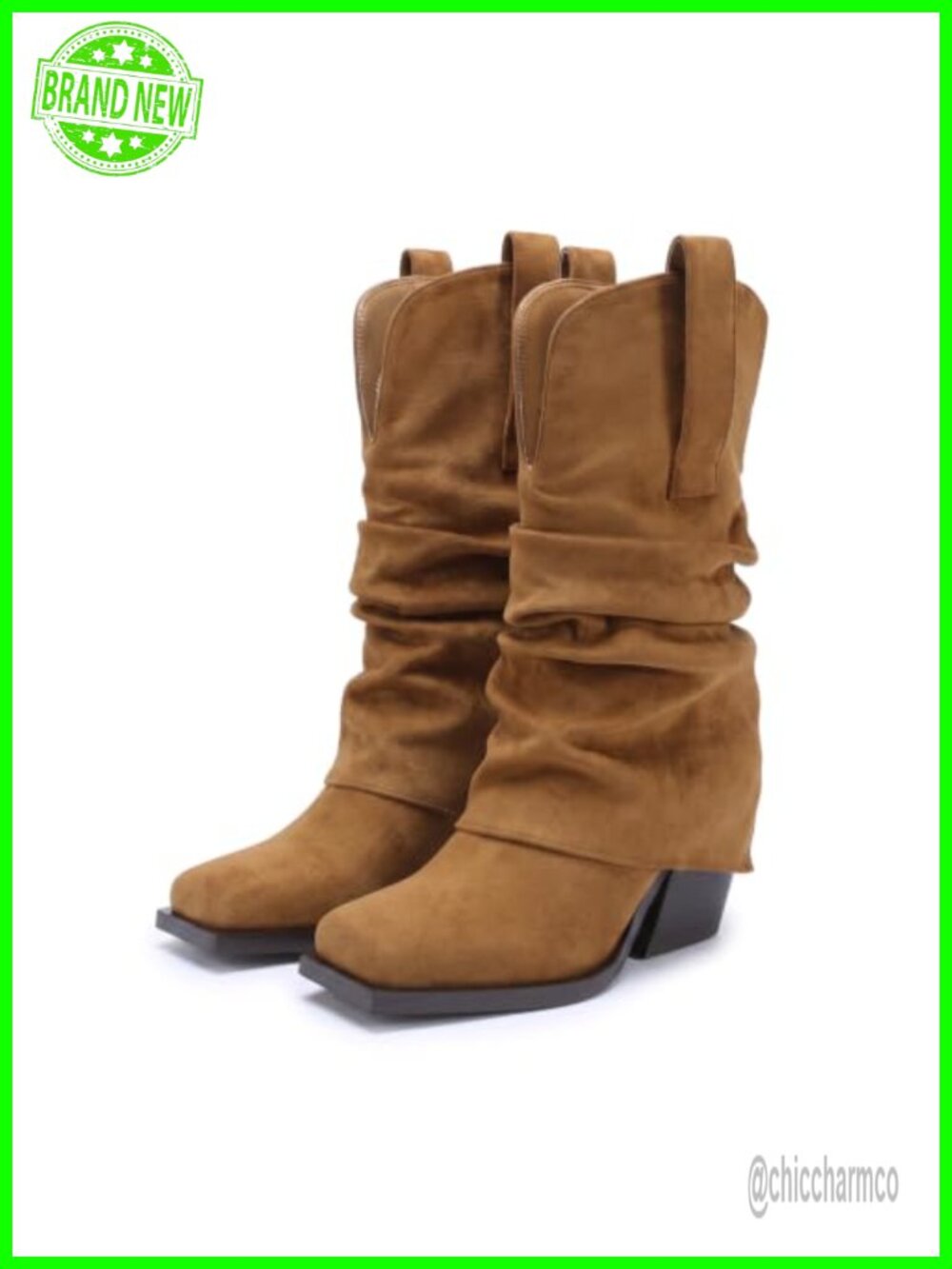 Women's Slouchy Mid Calf Boots Square Toe Chunky Heel Suede Pull On